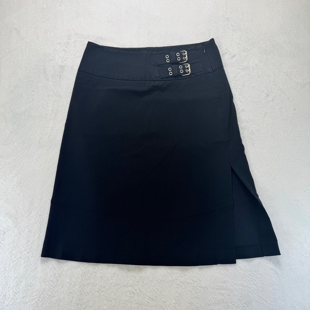 Bisou Bisou Michele Bohbot Black Buckle Detail Mini Skirt Side Slit Size 8